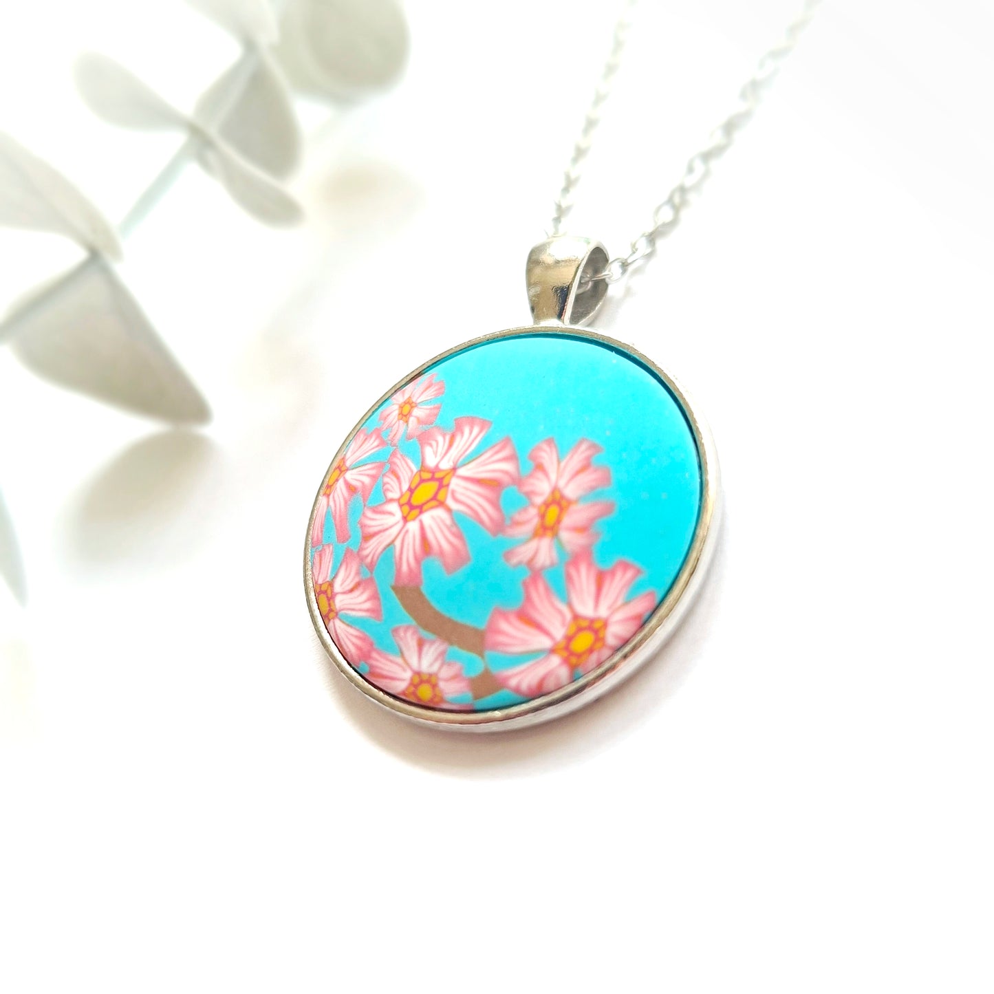 Large Round Pendant Necklace - Cherry Blossom